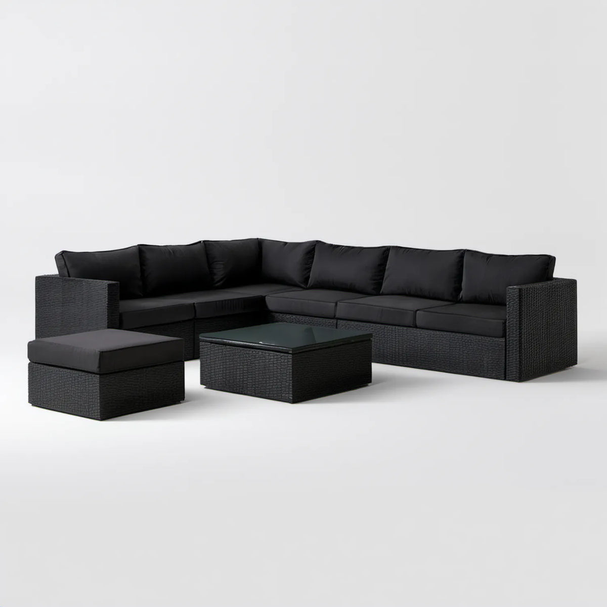 Czarny narożnik ogrodowy z technorattanu PE 280 × 210 × 63 cm ze stolikiem i pufą