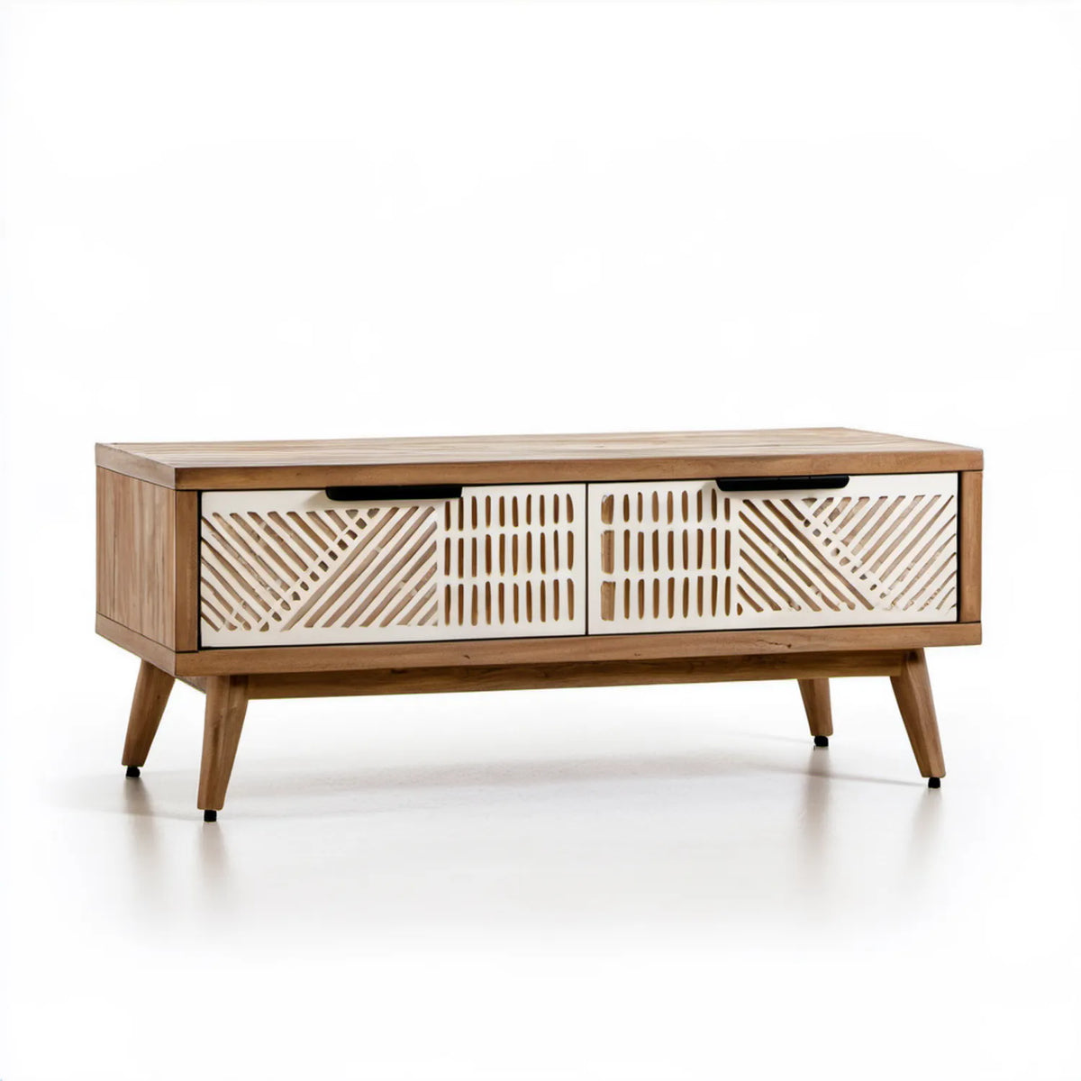 Prostokątny stolik kawowy z litego drewna mango i MDF, biało-brązowy, 120 x 40 x 50 cm