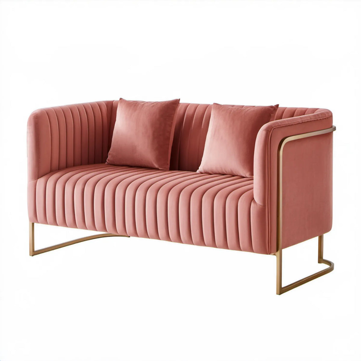 Różowa dwuosobowa sofa z aksamitu ze złotą podstawą, 160 × 80 × 78 cm