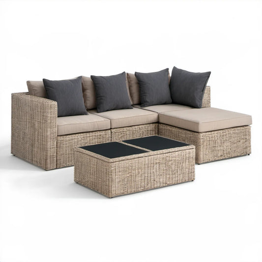 Ogrodowy narożnik modułowy L z technorattanu ze stolikiem 218 × 145 × 85 cm Beżowo-szary