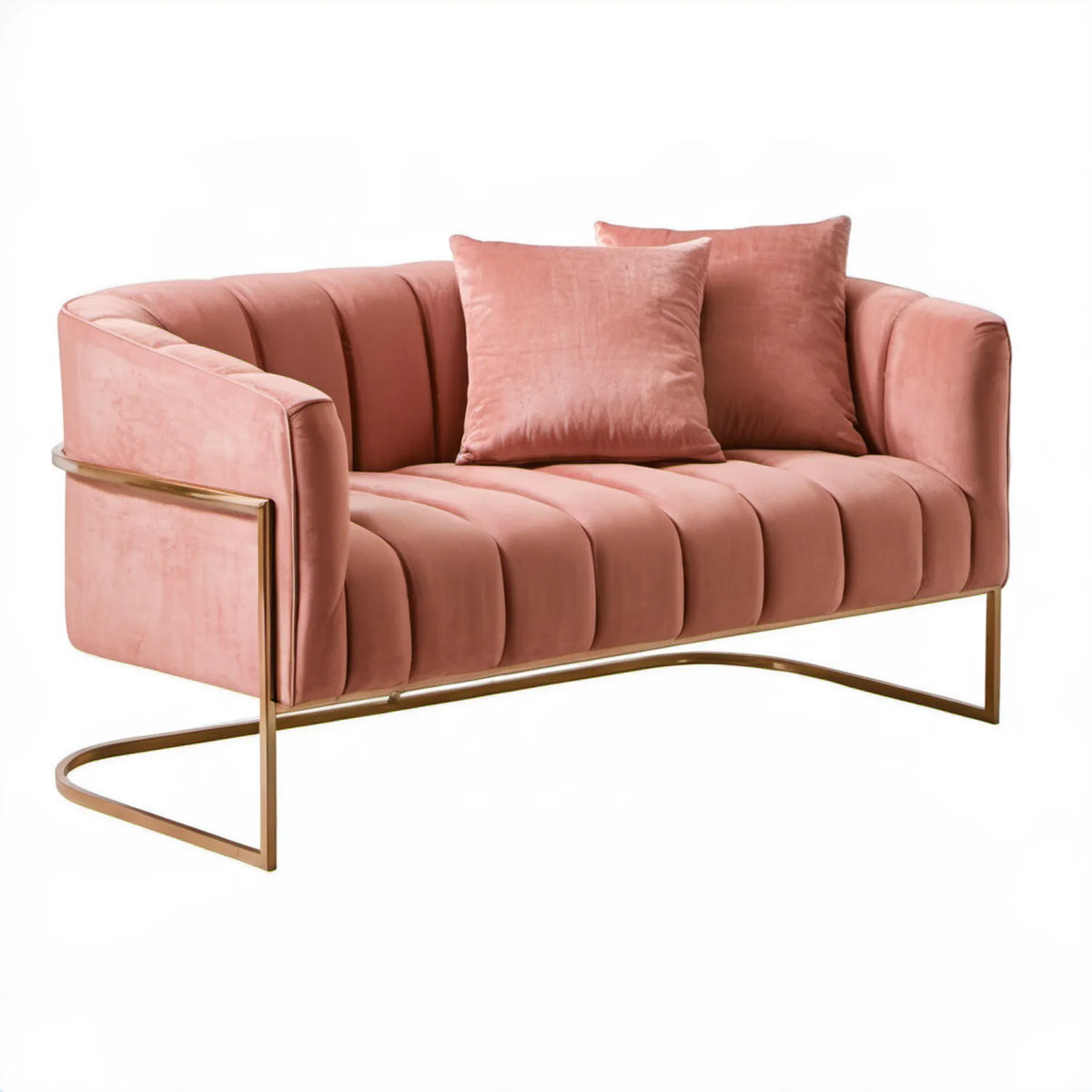 Dwuosobowa sofa aksamitna różowa ze złotą podstawą, 160 x 85 x 78 cm