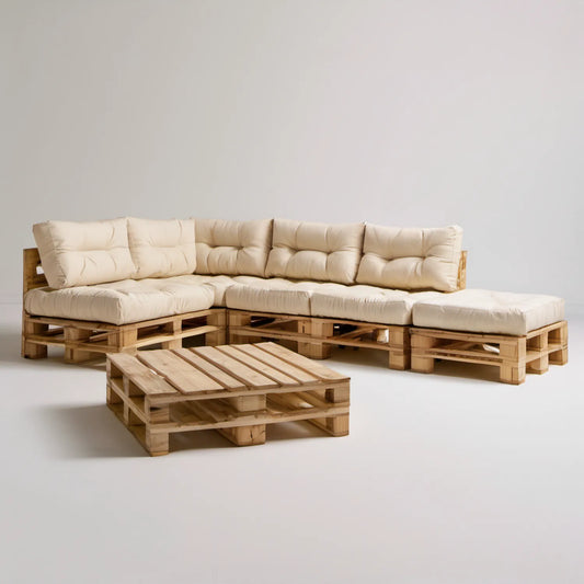 Narożna sofa ogrodowa z palet z litego drewna sosnowego ze stolikiem, Beżowy/Naturalny, 240 x 160 x 80 cm