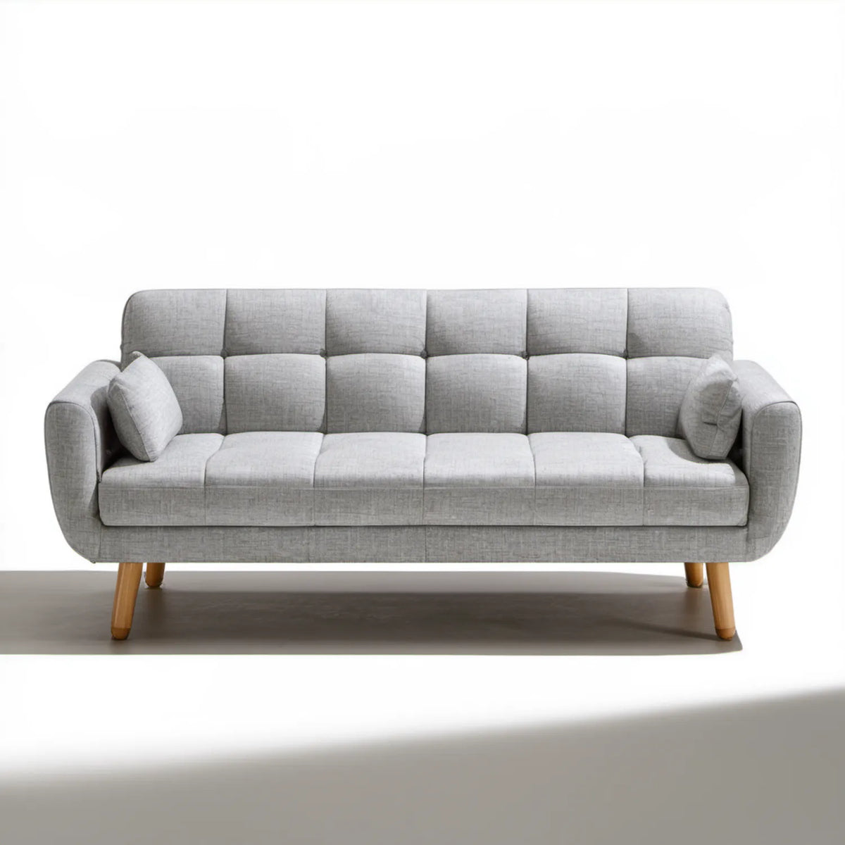 Trzyosobowa sofa tapicerowana szara z nogami w naturalnym brązie, 210 x 85 x 88 cm