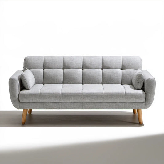 Trzyosobowa sofa tapicerowana szara z nogami w naturalnym brązie, 210 x 85 x 88 cm