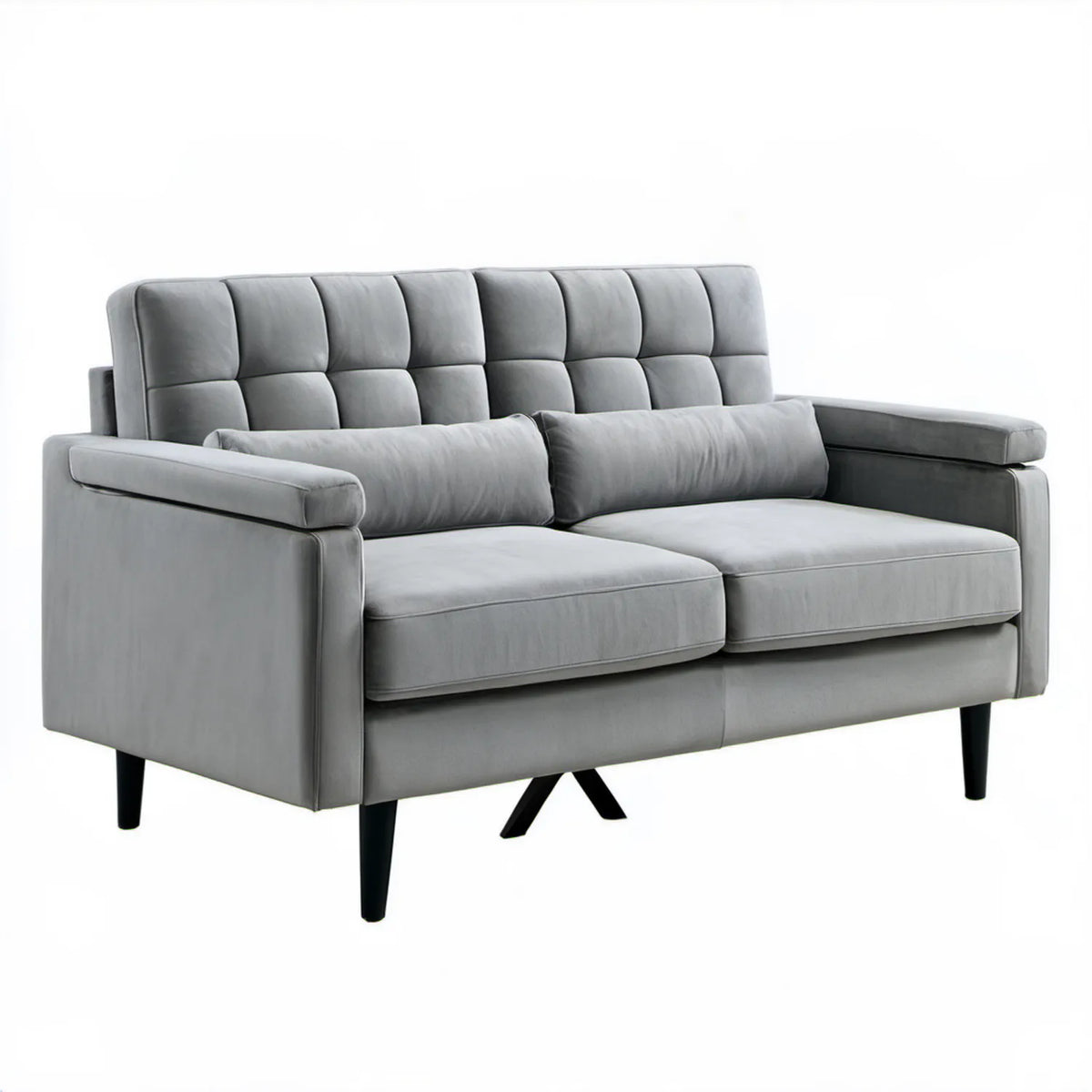 Szara sofa dwuosobowa z weluru z czarnymi nogami, 160 x 85 x 90 cm