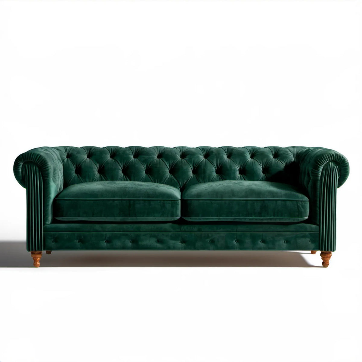 Trzyosobowa sofa Chesterfield z aksamitu poliestrowego, ciemnozielona/brązowa, 210 x 90 x 78 cm