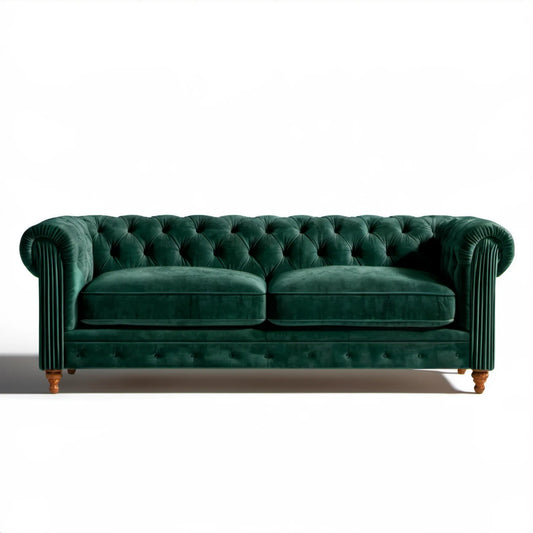 Trzyosobowa sofa Chesterfield z aksamitu poliestrowego, ciemnozielona/brązowa, 210 x 90 x 78 cm
