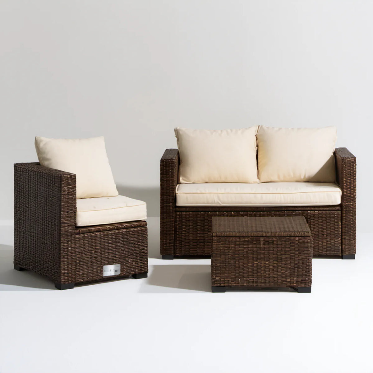 3-częściowy zestaw wypoczynkowy z technorattanu ciemnobrązowy/kremowy, sofa 125 x 70 x 78 cm, fotel i stolik