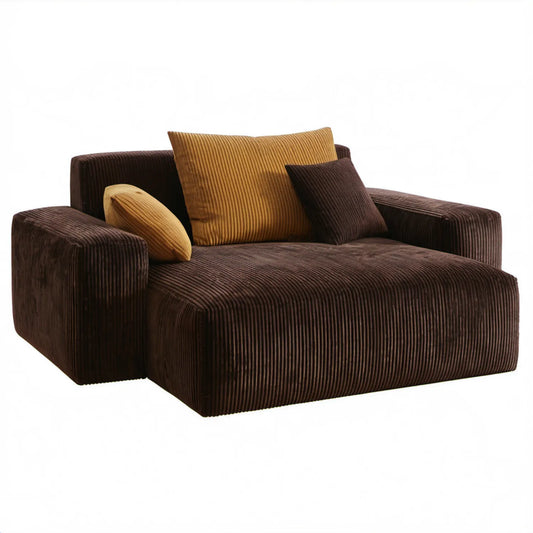 Brązowa sofa dwuosobowa ze sztruksu z poduszkami musztardowymi, 150 x 100 x 75 cm