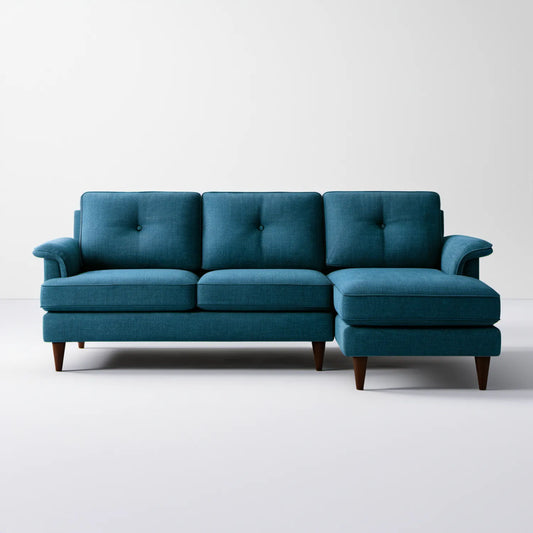 Niebieska sofa narożna w kształcie L z szezlongiem po prawej stronie, 250 × 155 × 88 cm