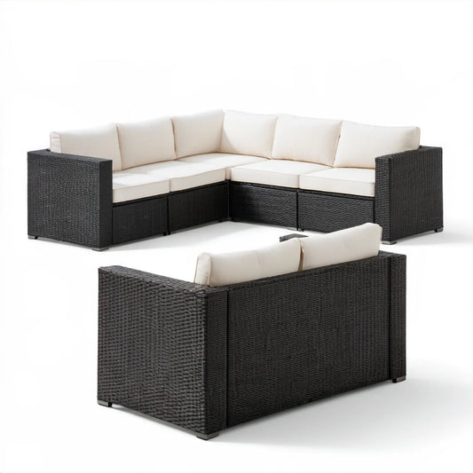 Modułowa sofa narożna z technorattanu PE 230 x 230 x 73 cm Czarna z kremowymi poduszkami
