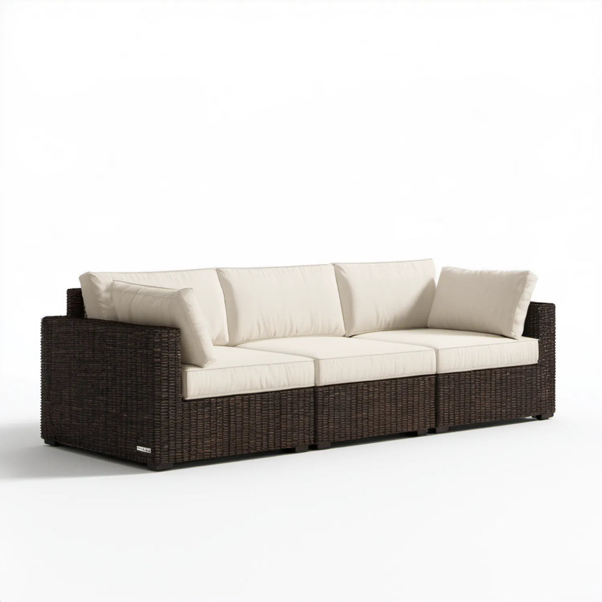 Trzyosobowa sofa ogrodowa z technorattanu PE, ciemnobrązowa z kremowymi poduszkami, 220 x 85 x 80 cm