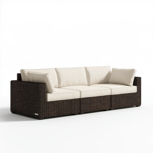Trzyosobowa sofa ogrodowa z technorattanu PE, ciemnobrązowa z kremowymi poduszkami, 220 x 85 x 80 cm