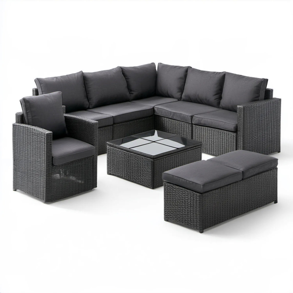 7-elementowy zestaw wypoczynkowy z technorattanu PE, czarny/antracytowy, sofa narożna 210 x 140 x 63 cm