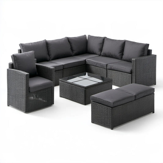7-elementowy zestaw wypoczynkowy z technorattanu PE, czarny/antracytowy, sofa narożna 210 x 140 x 63 cm
