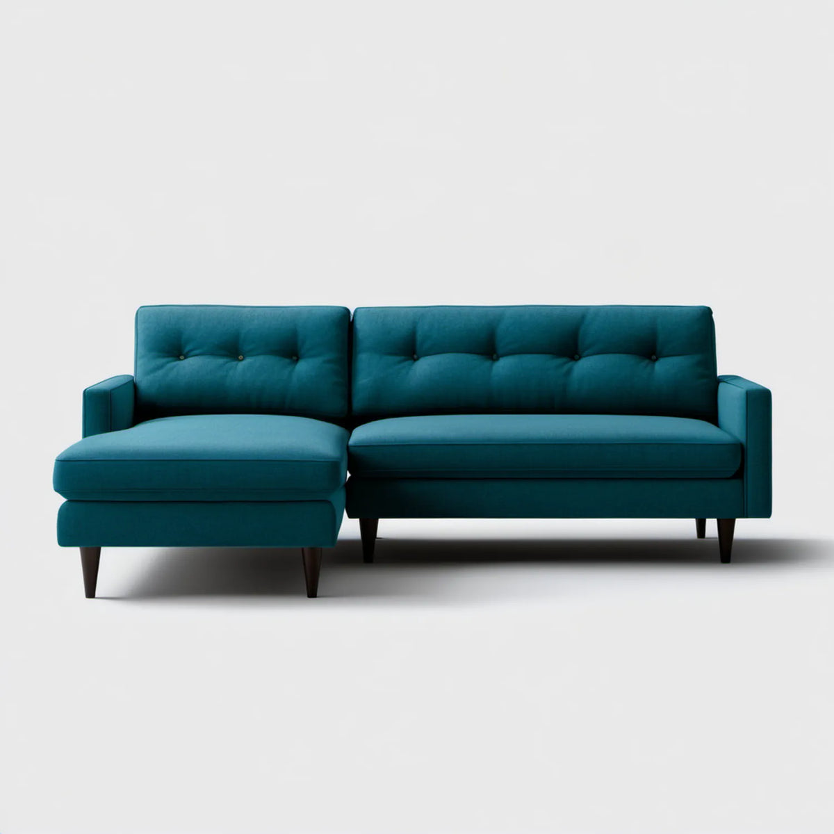 Turkusowa sofa narożna z lewostronnym szezlongiem, 230 × 150 × 85 cm