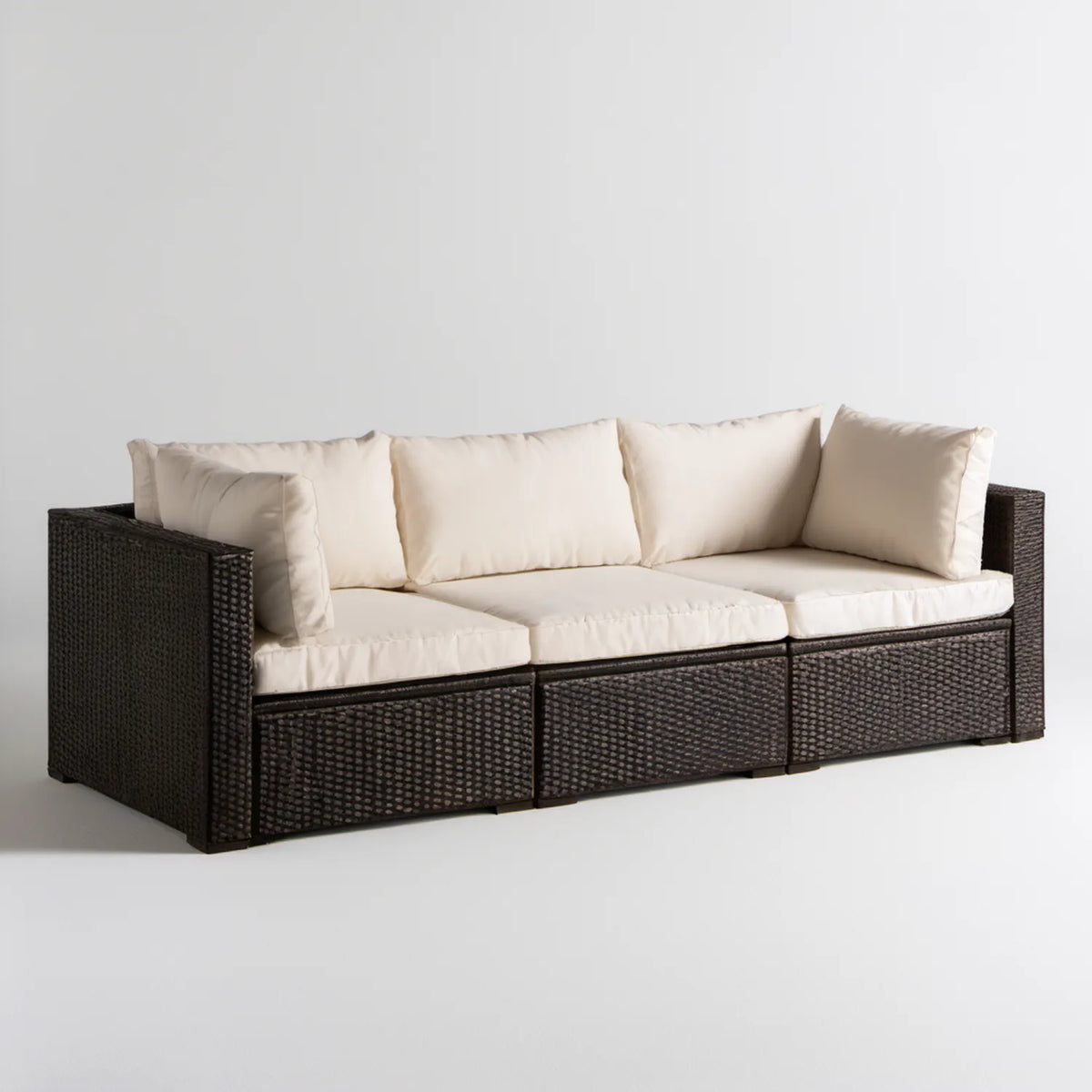 Trzyosobowa sofa ogrodowa z technorattanu PE, ciemnobrązowo-kremowa, 210 x 80 x 65 cm
