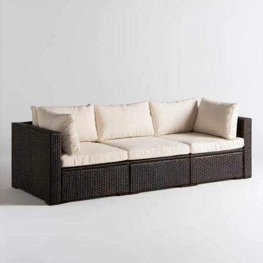 Trzyosobowa sofa ogrodowa z technorattanu PE, ciemnobrązowo-kremowa, 210 x 80 x 65 cm